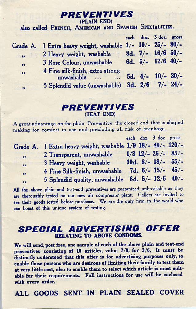 Pubblicit di mezzi contraccettivi 1925 ca.- Regno Unito. - Publicit des contraceptifs - Advertising of contraceptives