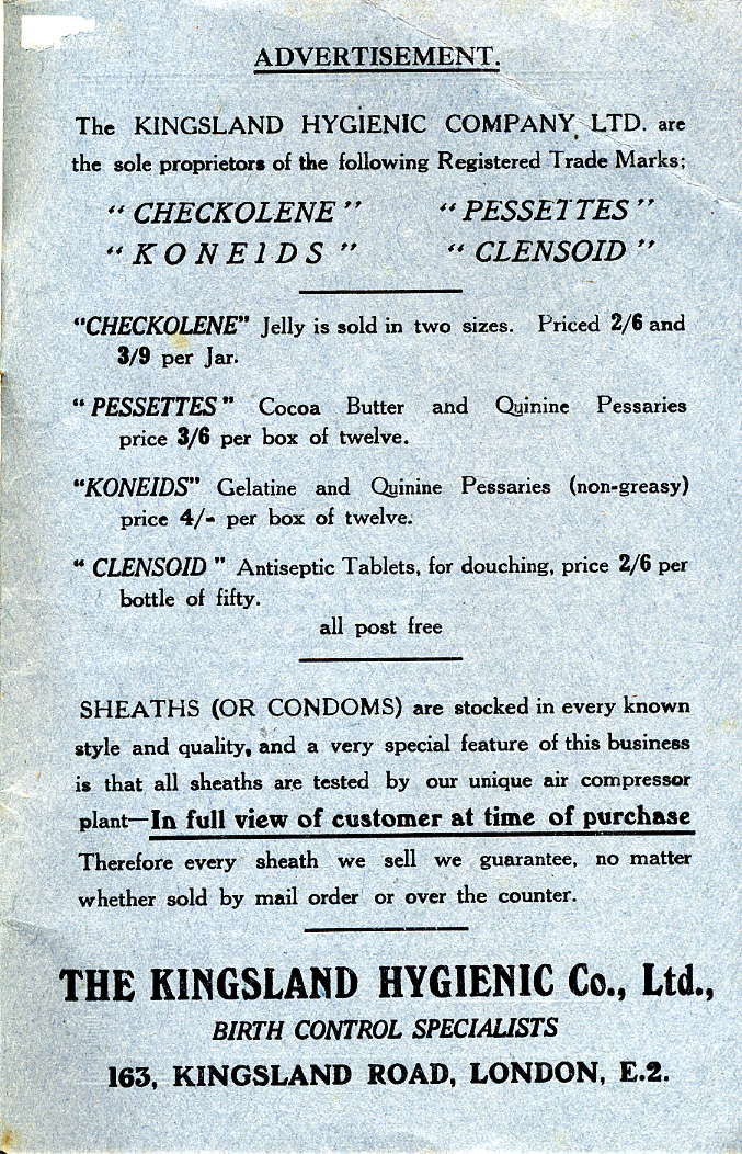 Pubblicit di mezzi contraccettivi 1925 ca.- Regno Unito. - Publicit des contraceptifs - Advertising of contraceptives